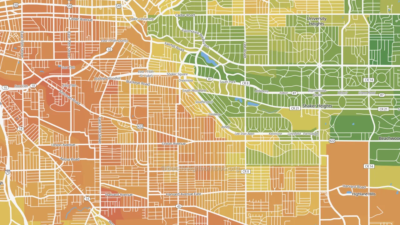 Map of the best neighborhoods in the 44120 area, with better matches in green and worse matches in red