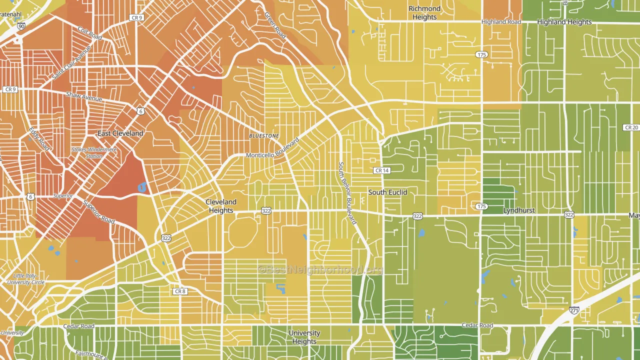 Map of the best neighborhoods in the 44121 area, with better matches in green and worse matches in red