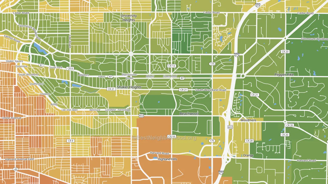 Map of the best neighborhoods in the 44122 area, with better matches in green and worse matches in red