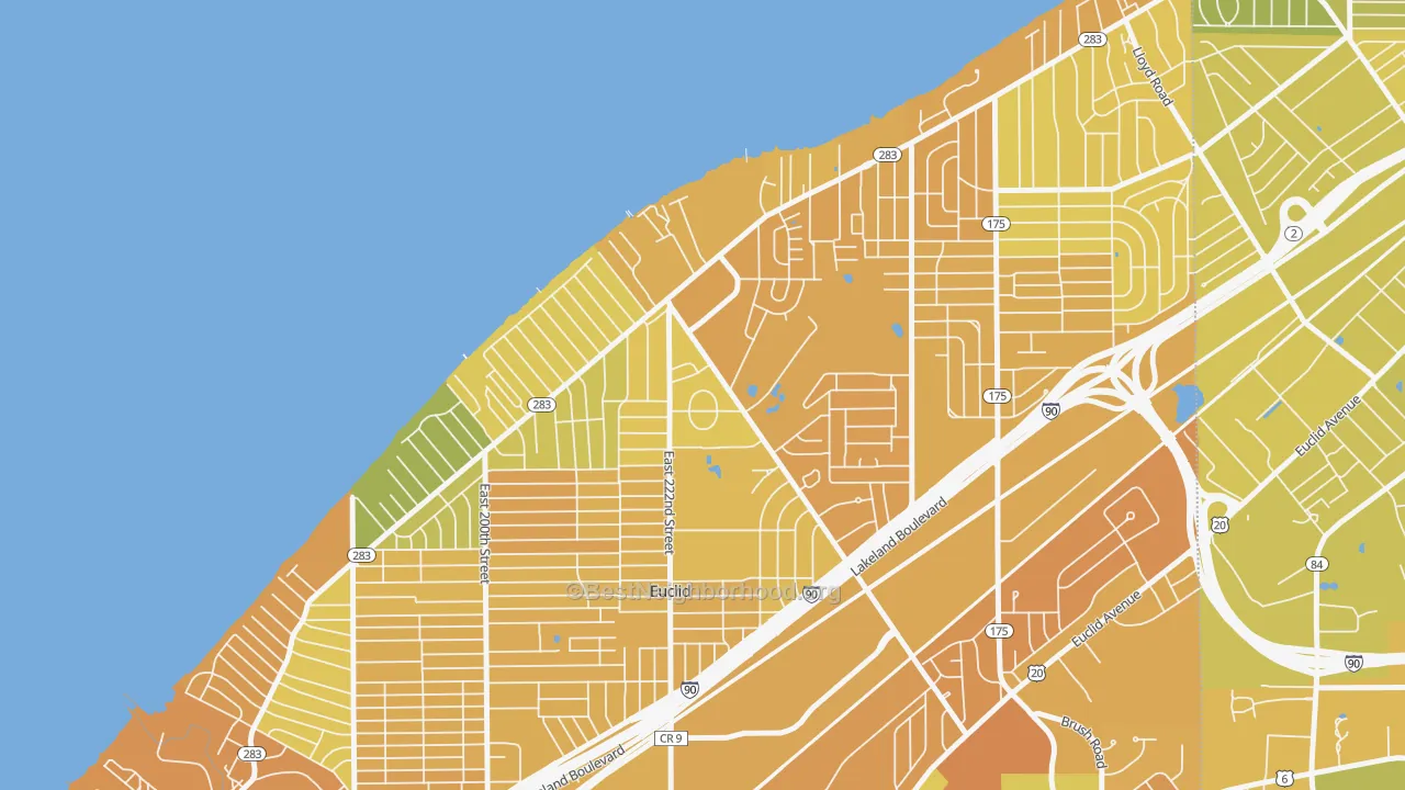 Map of the best neighborhoods in the 44123 area, with better matches in green and worse matches in red