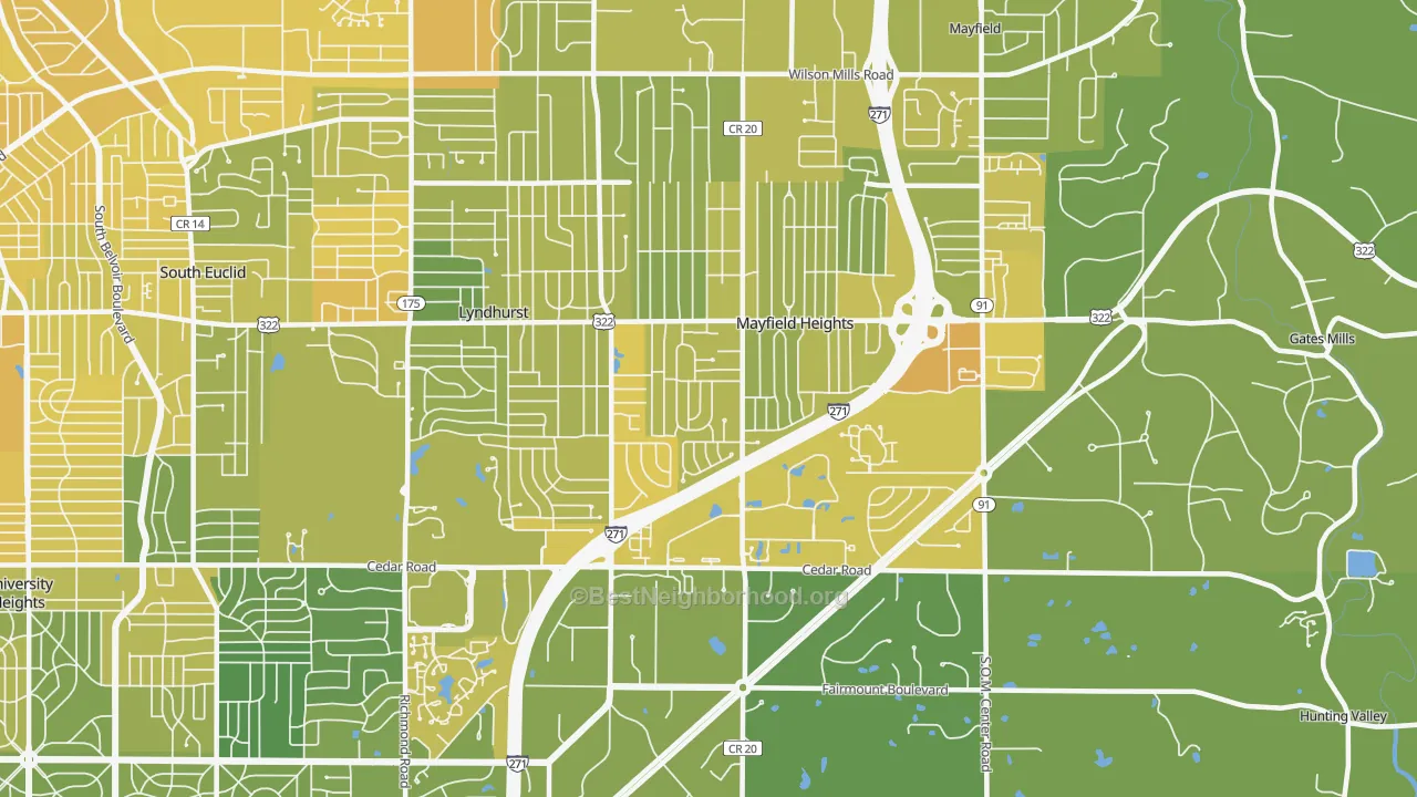 Map of the best neighborhoods in the 44124 area, with better matches in green and worse matches in red