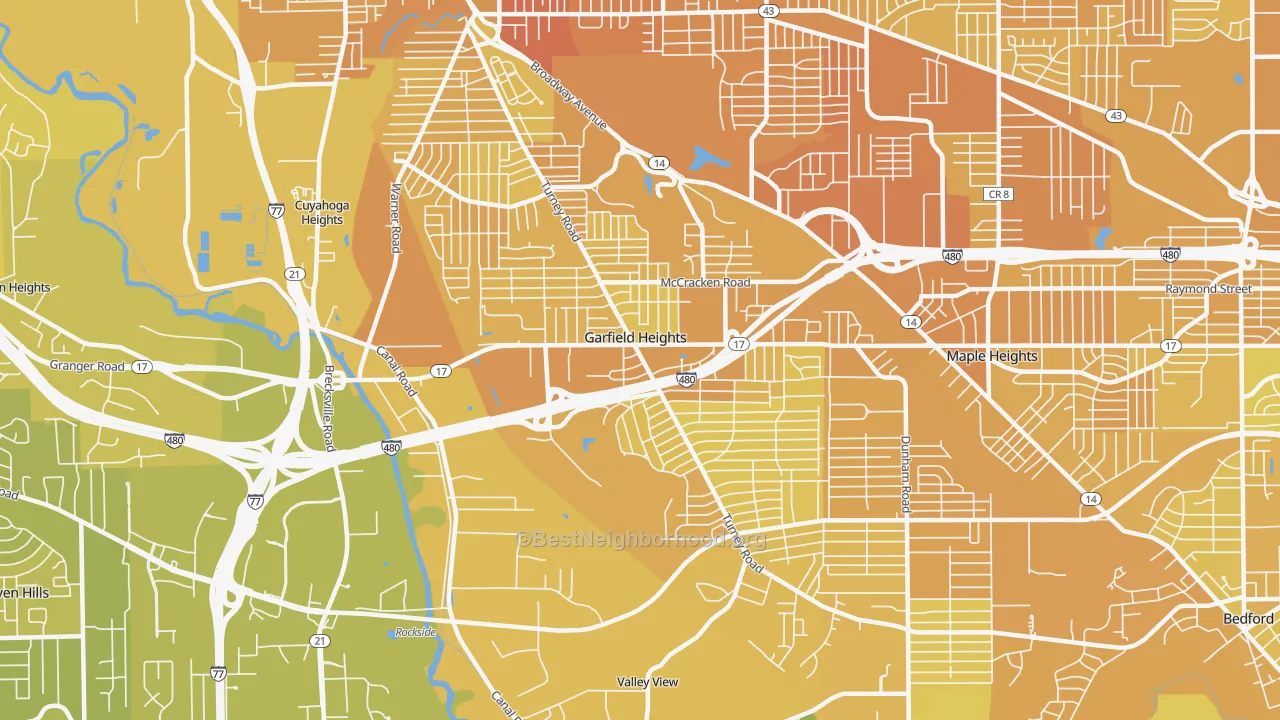 Map of the best neighborhoods in the 44125 area, with better matches in green and worse matches in red