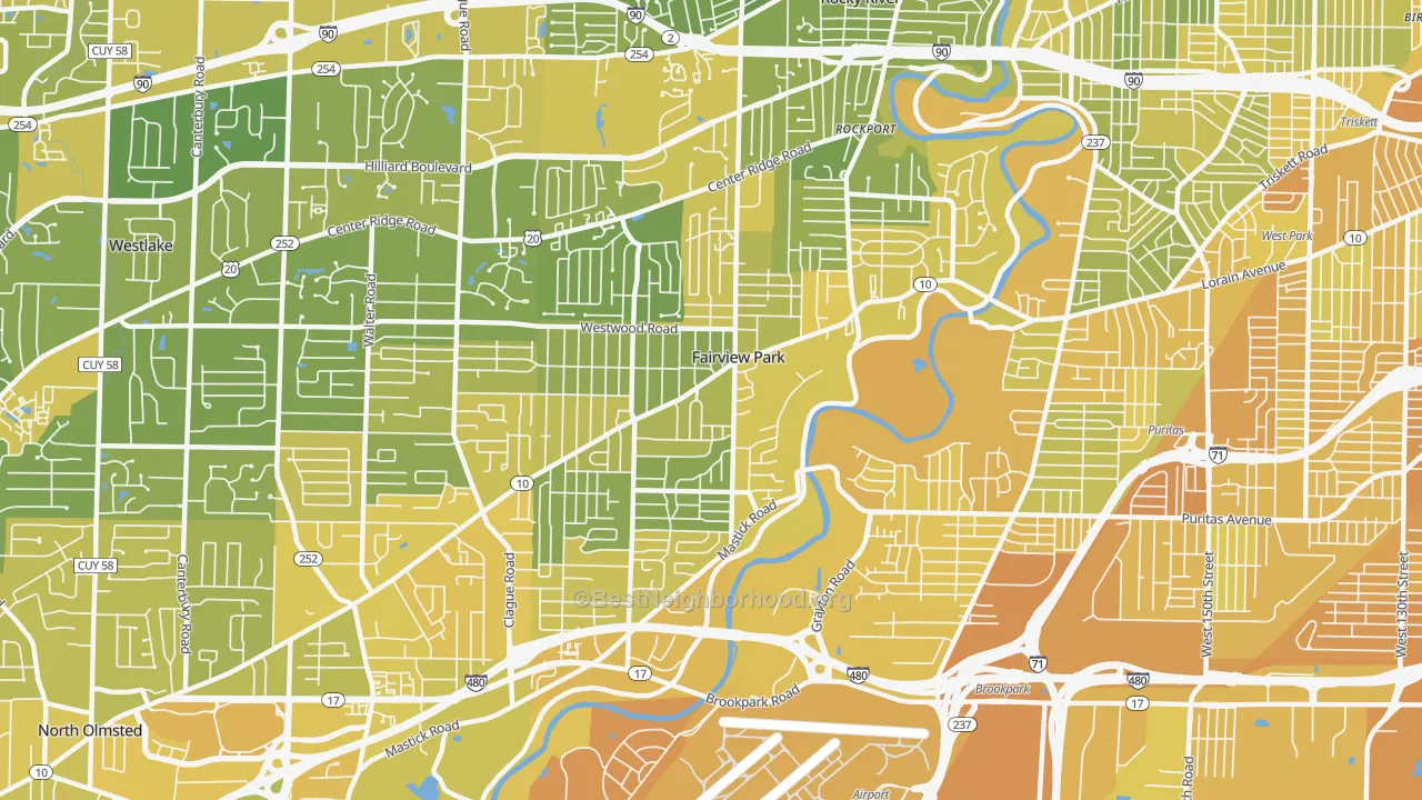 Map of the best neighborhoods in the 44126 area, with better matches in green and worse matches in red