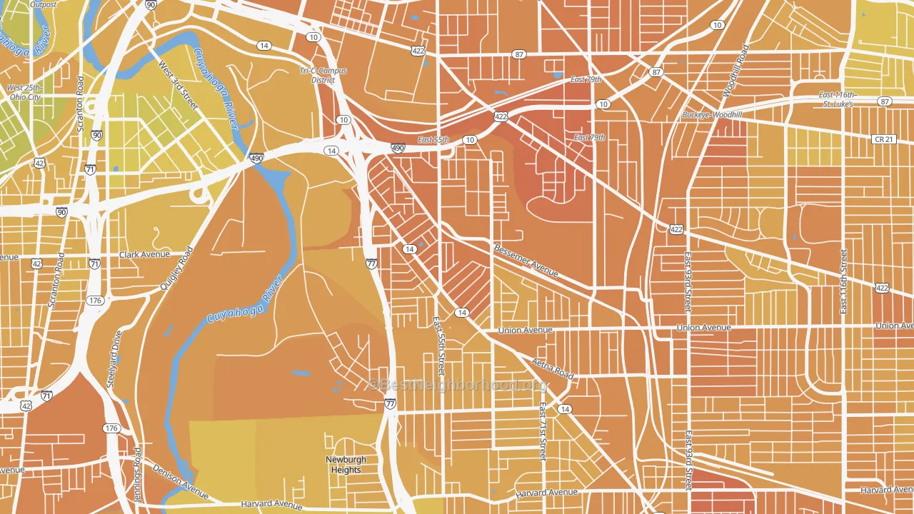 Map of the best neighborhoods in the 44127 area, with better matches in green and worse matches in red