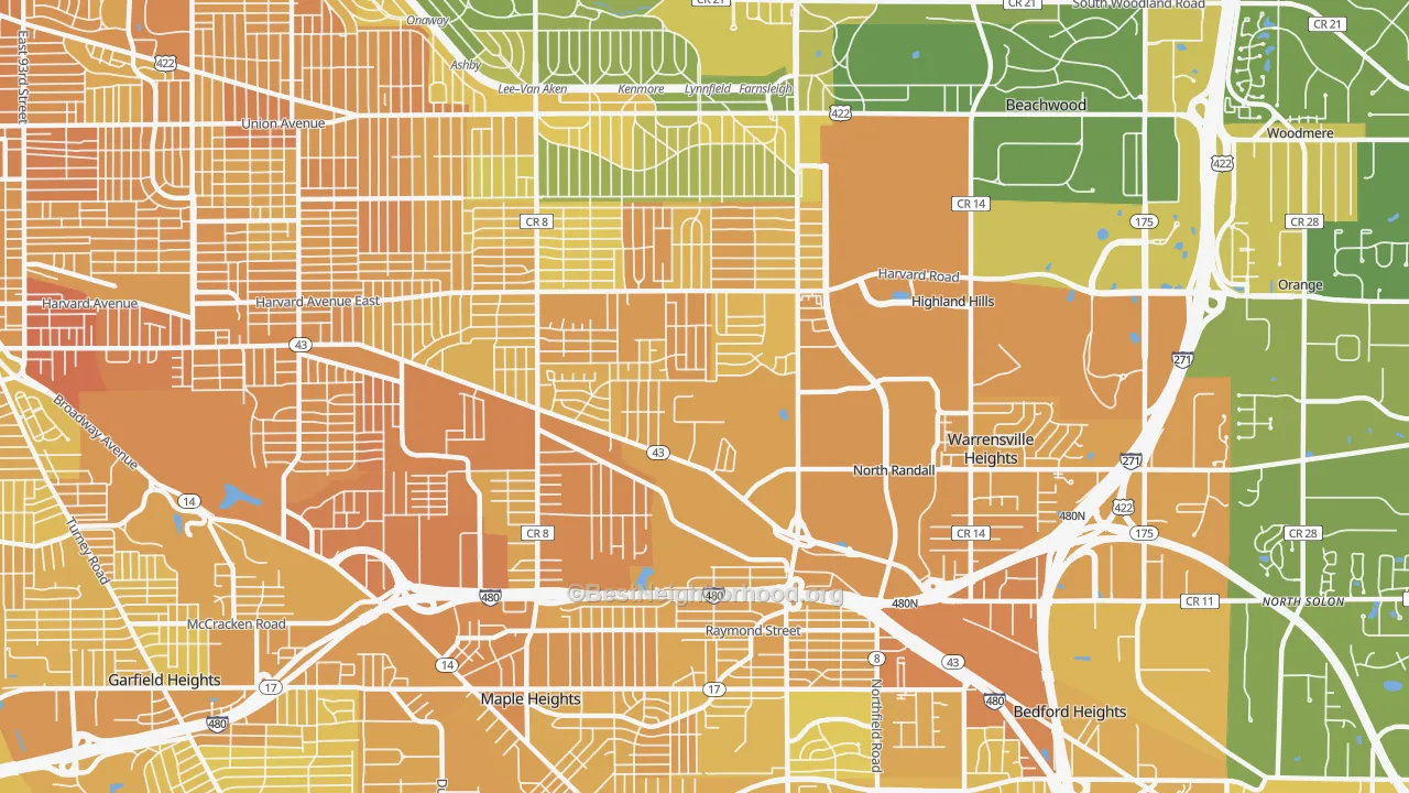 Map of the best neighborhoods in the 44128 area, with better matches in green and worse matches in red