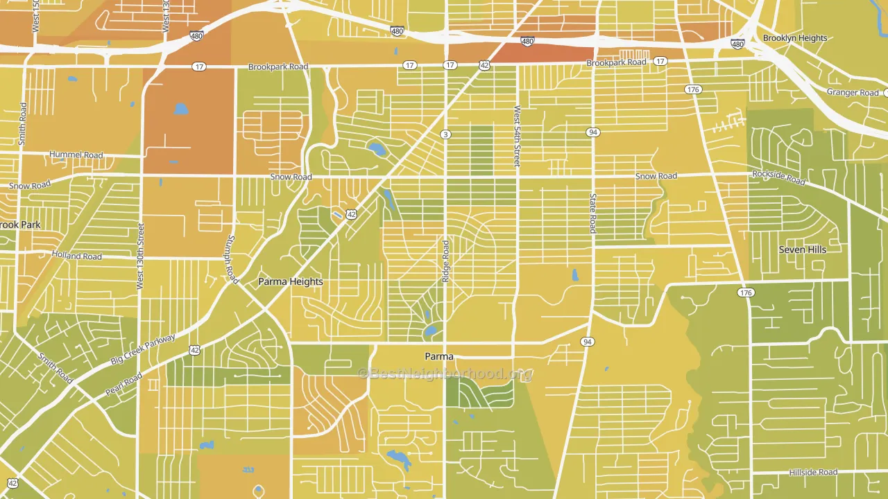 Map of the best neighborhoods in the 44129 area, with better matches in green and worse matches in red
