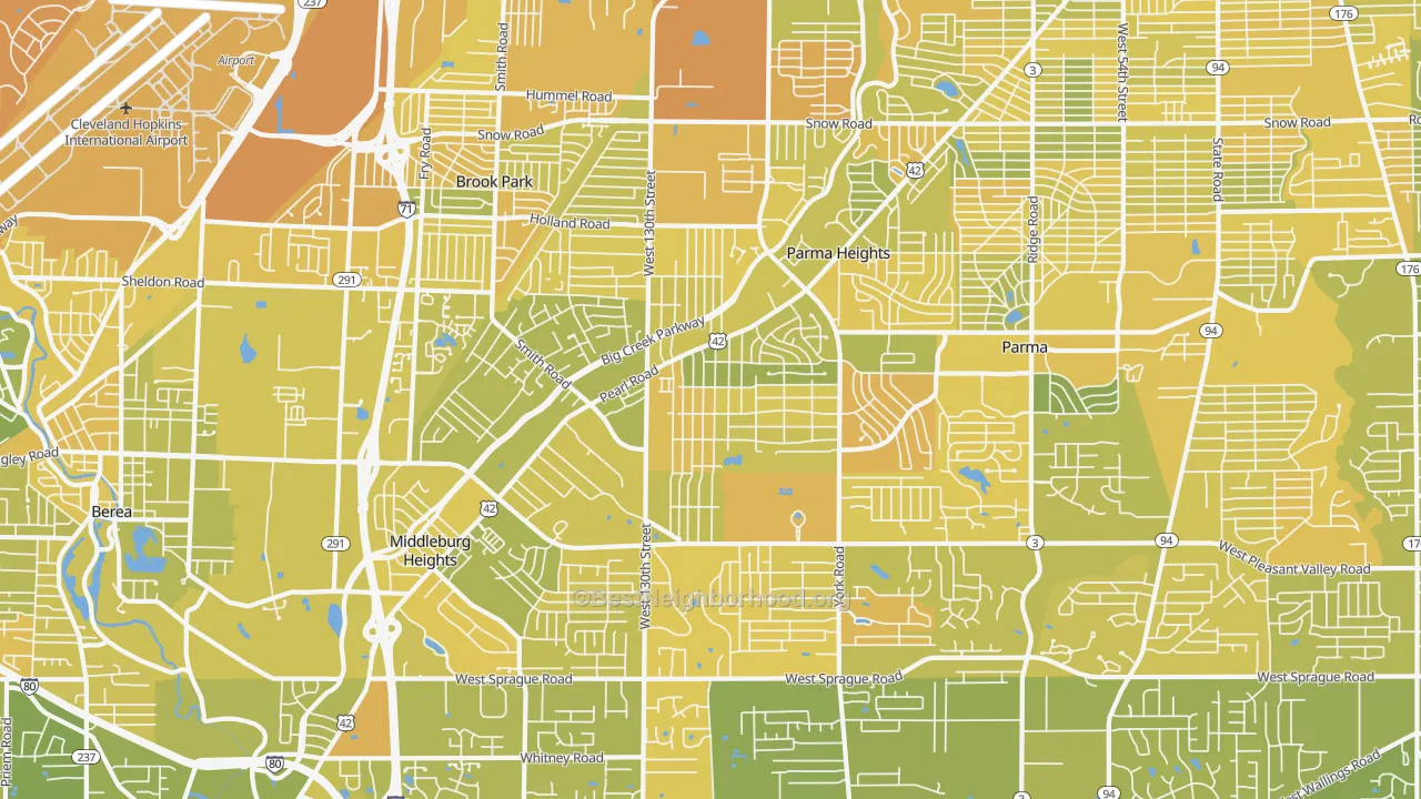 Map of the best neighborhoods in the 44130 area, with better matches in green and worse matches in red