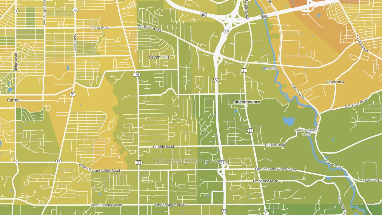 Map of the best neighborhoods in the 44131 area, with better matches in green and worse matches in red