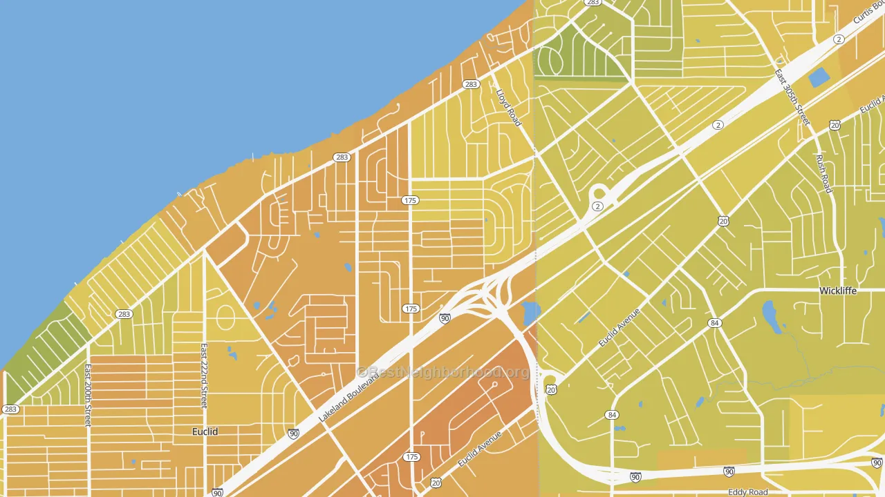 Map of the best neighborhoods in the 44132 area, with better matches in green and worse matches in red