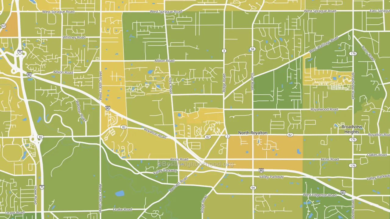 Map of the best neighborhoods in the 44133 area, with better matches in green and worse matches in red