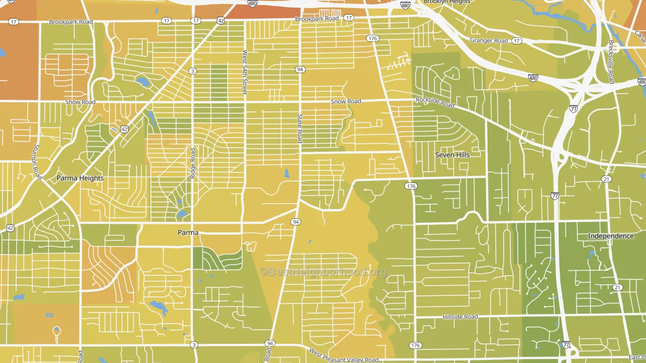 Map of the best neighborhoods in the 44134 area, with better matches in green and worse matches in red