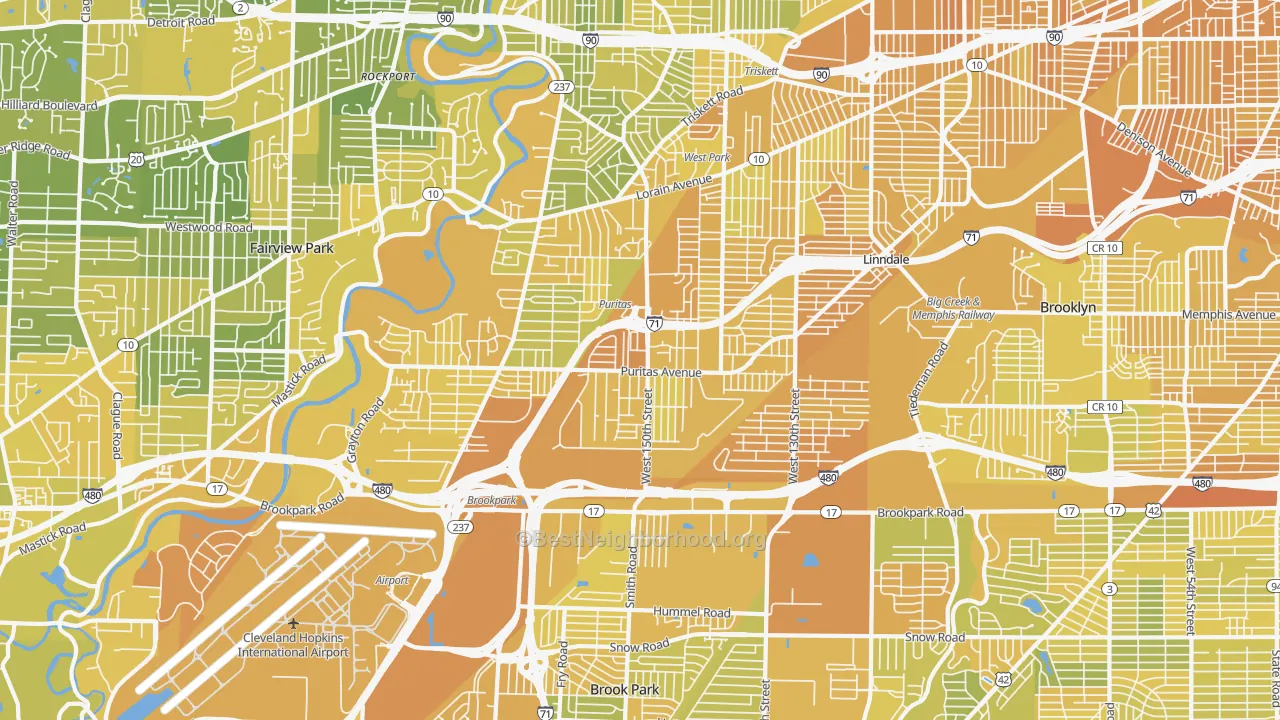 Map of the best neighborhoods in the 44135 area, with better matches in green and worse matches in red