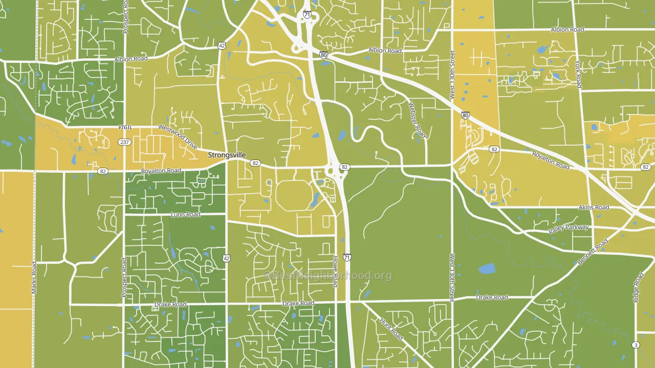 Map of the best neighborhoods in the 44136 area, with better matches in green and worse matches in red