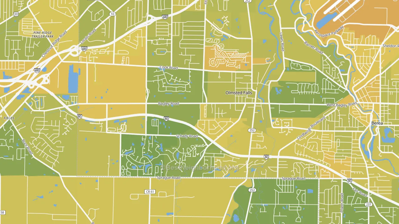 Map of the best neighborhoods in the 44138 area, with better matches in green and worse matches in red