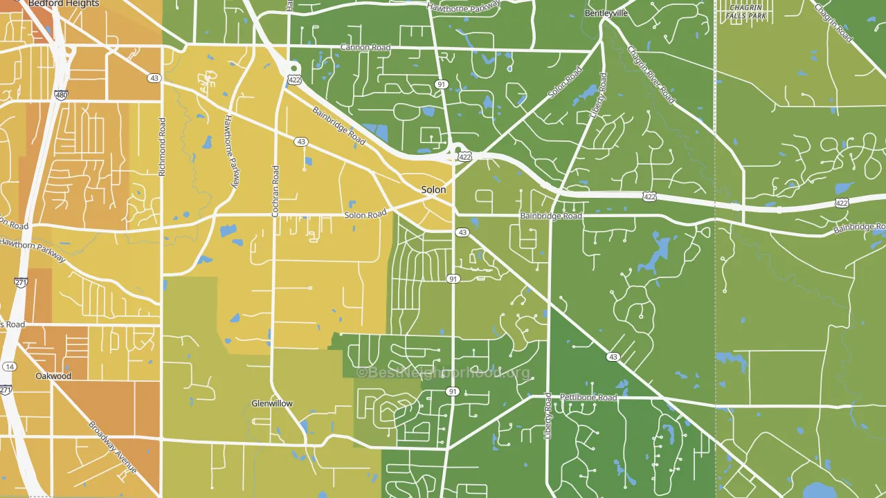 Map of the best neighborhoods in the 44139 area, with better matches in green and worse matches in red