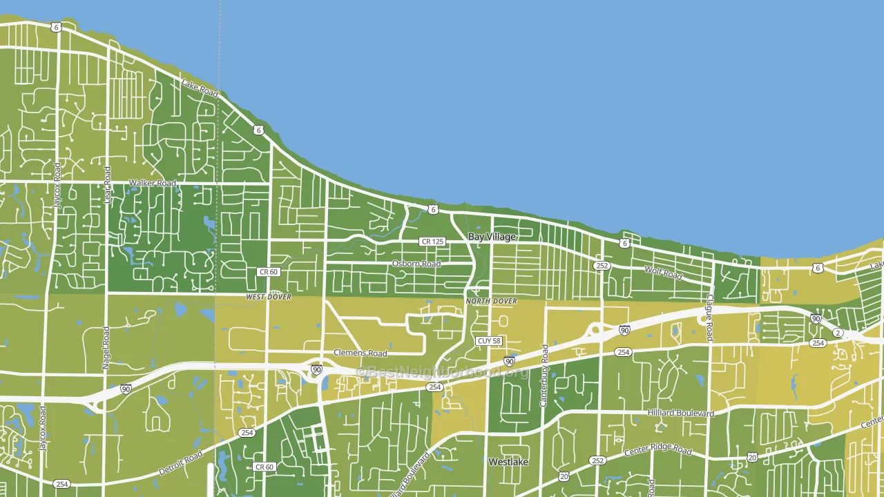 Map of the best neighborhoods in the 44140 area, with better matches in green and worse matches in red