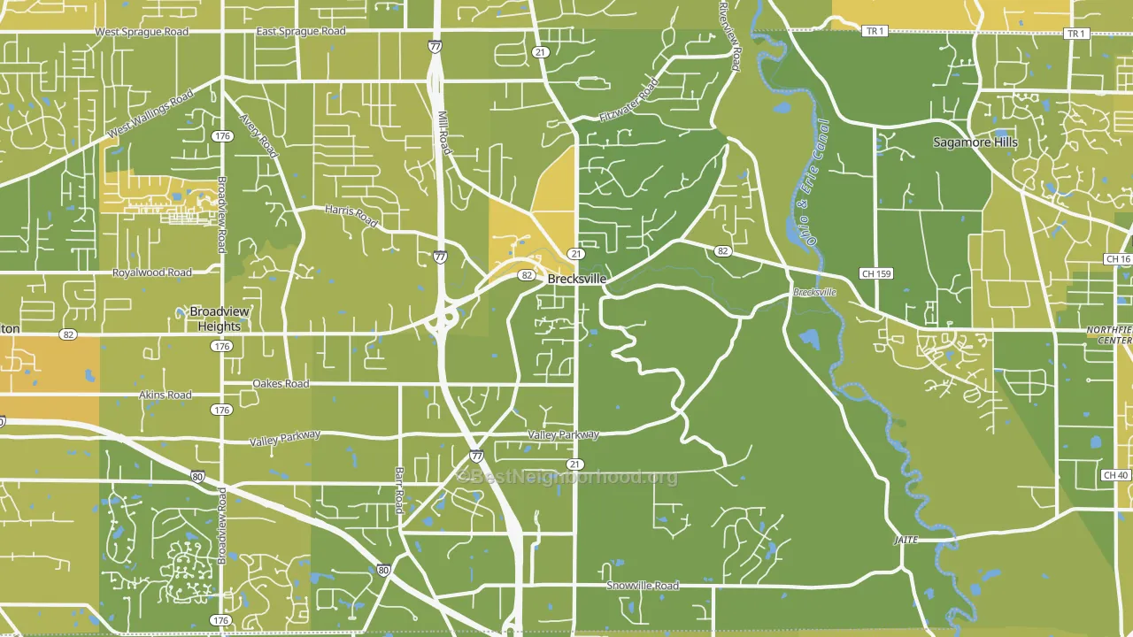 Map of the best neighborhoods in the 44141 area, with better matches in green and worse matches in red