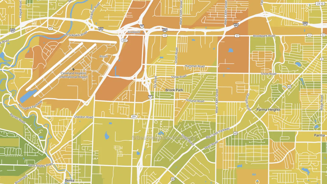 Map of the best neighborhoods in the 44142 area, with better matches in green and worse matches in red