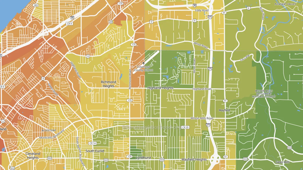 Map of the best neighborhoods in the 44143 area, with better matches in green and worse matches in red