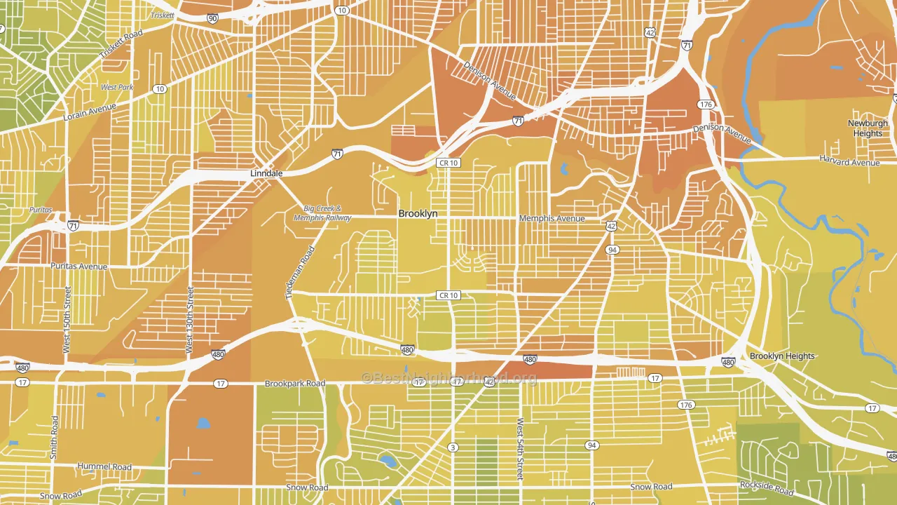 Map of the best neighborhoods in the 44144 area, with better matches in green and worse matches in red