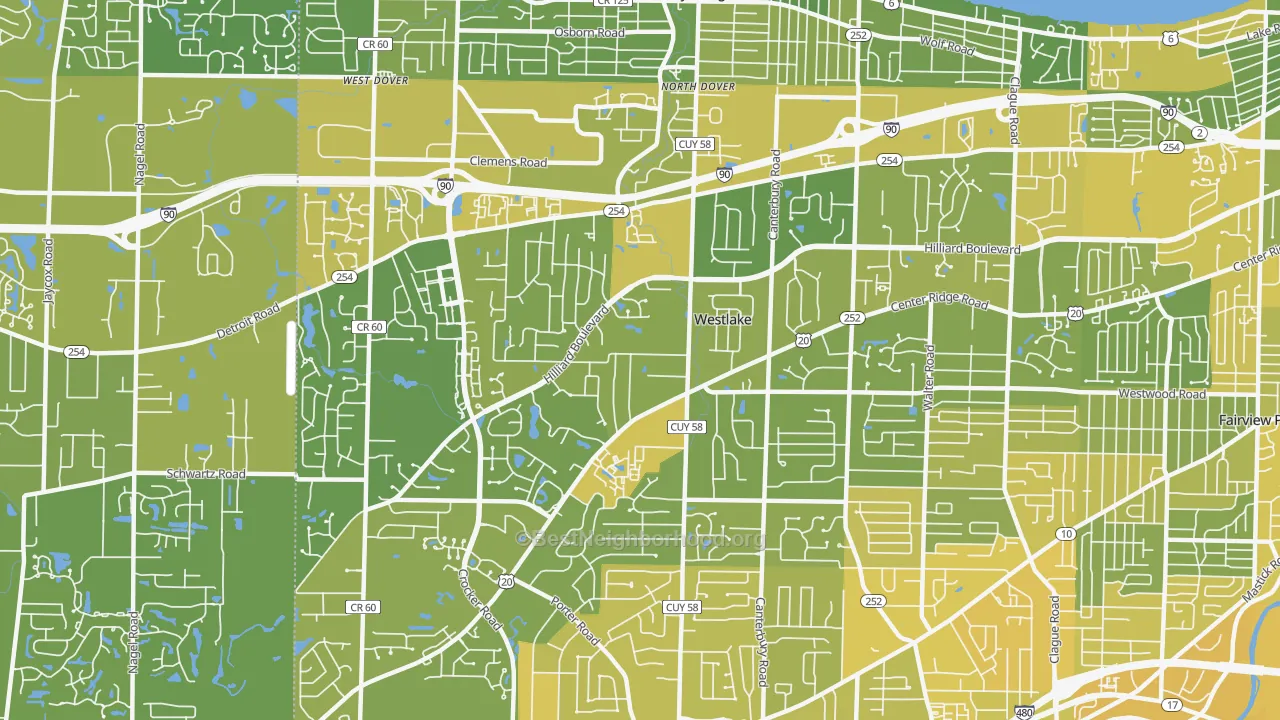 Map of the best neighborhoods in the 44145 area, with better matches in green and worse matches in red
