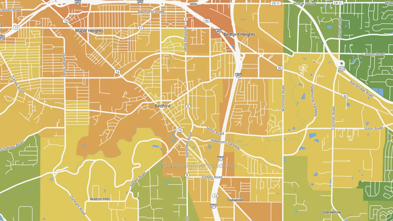 Map of the best neighborhoods in the 44146 area, with better matches in green and worse matches in red