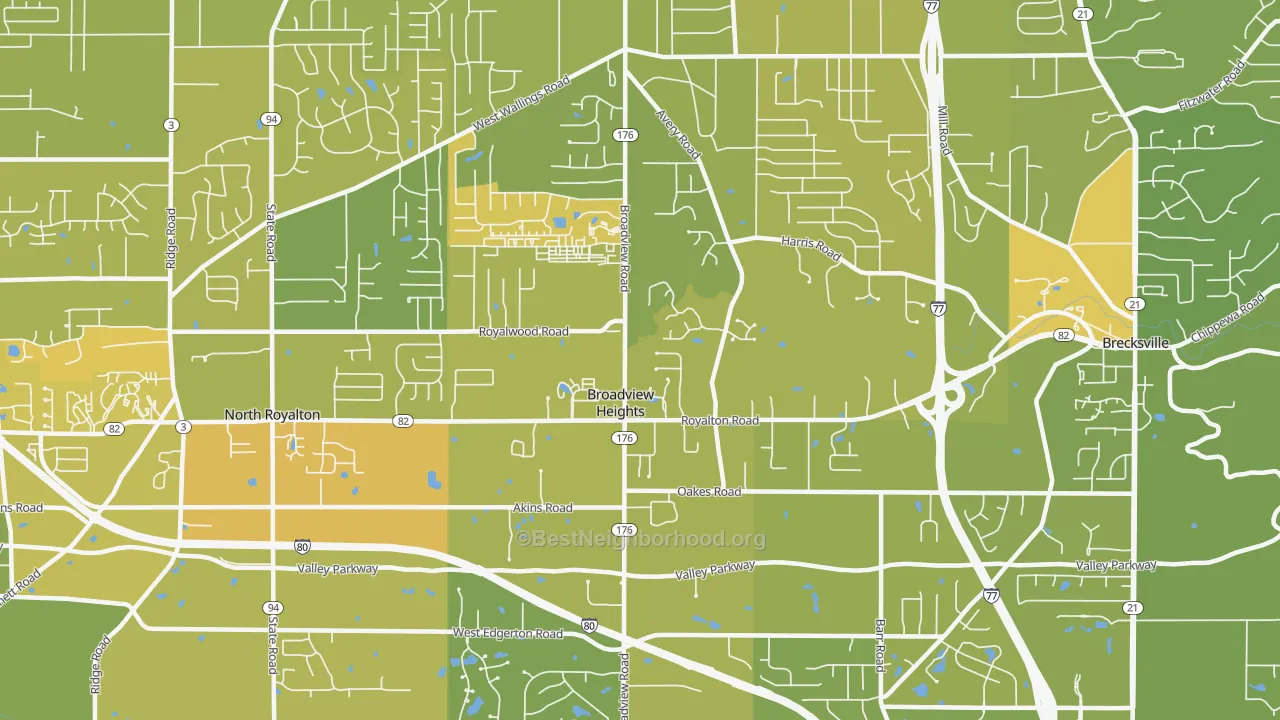Map of the best neighborhoods in the 44147 area, with better matches in green and worse matches in red