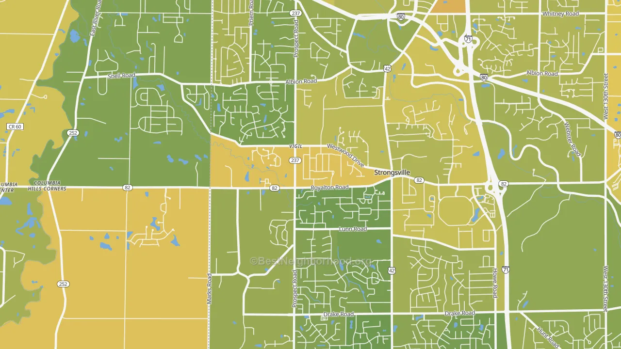 Map of the best neighborhoods in the 44149 area, with better matches in green and worse matches in red