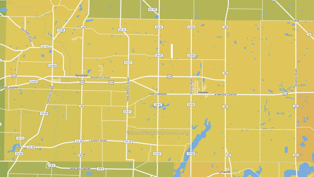 Map of the best neighborhoods in the 44201 area, with better matches in green and worse matches in red