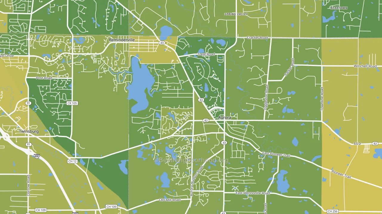 Map of the best neighborhoods in the 44202 area, with better matches in green and worse matches in red