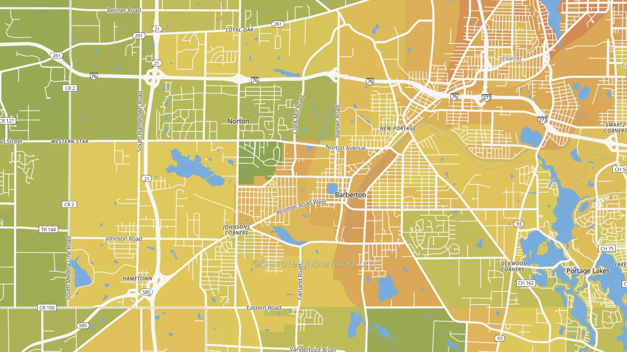 Map of the best neighborhoods in the 44203 area, with better matches in green and worse matches in red