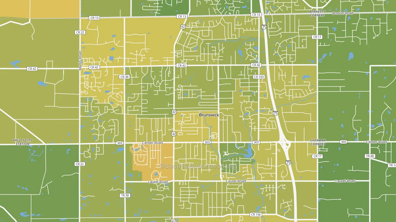 Map of the best neighborhoods in the 44212 area, with better matches in green and worse matches in red