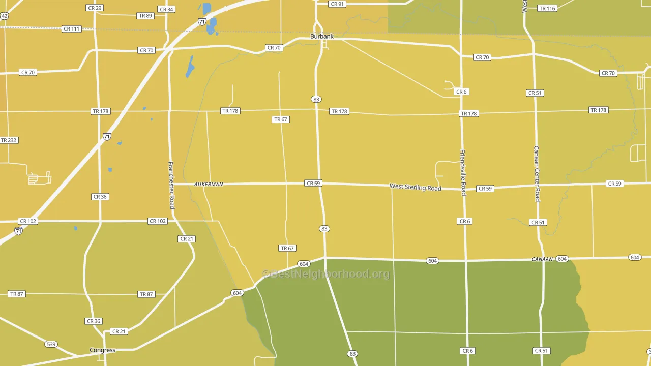Map of the best neighborhoods in the 44214 area, with better matches in green and worse matches in red