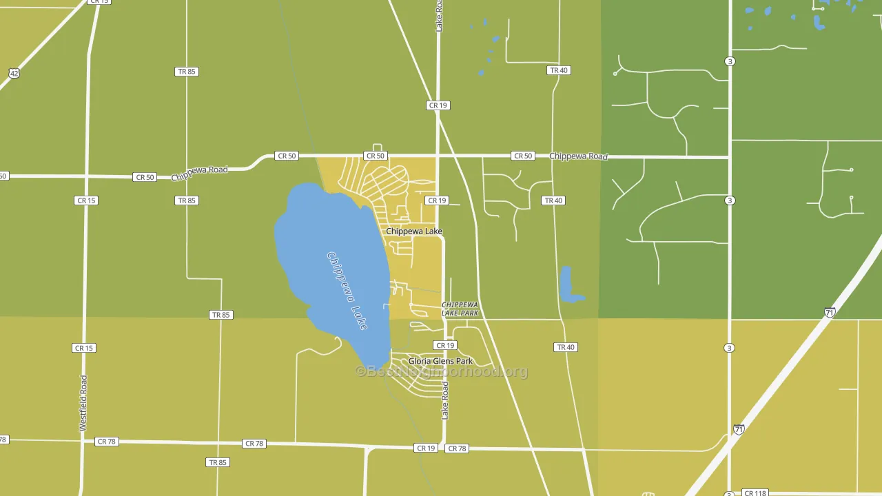 Map of the best neighborhoods in the 44215 area, with better matches in green and worse matches in red