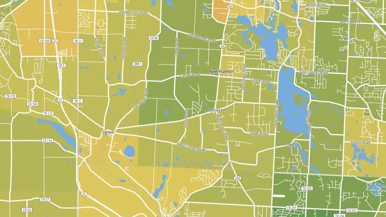 Map of the best neighborhoods in the 44216 area, with better matches in green and worse matches in red