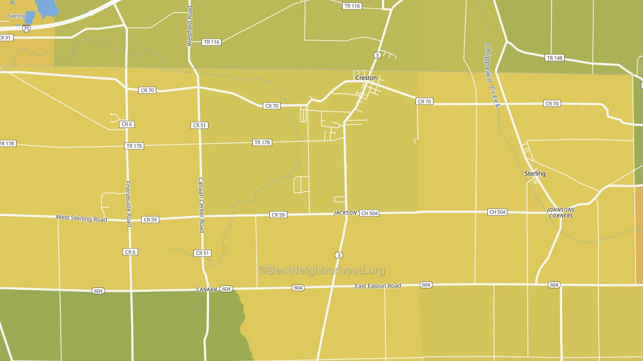 Map of the best neighborhoods in the 44217 area, with better matches in green and worse matches in red