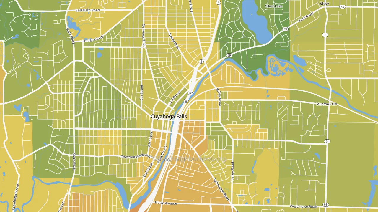 Map of the best neighborhoods in the 44221 area, with better matches in green and worse matches in red