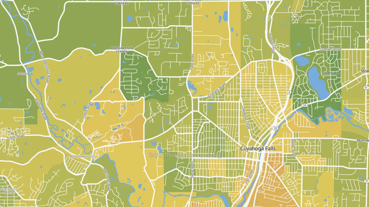 Map of the best neighborhoods in the 44223 area, with better matches in green and worse matches in red