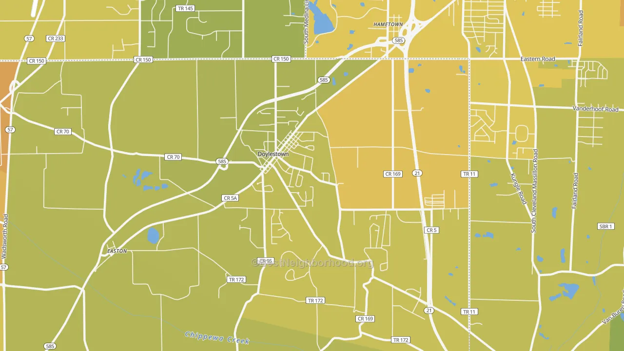 Map of the best neighborhoods in the 44230 area, with better matches in green and worse matches in red
