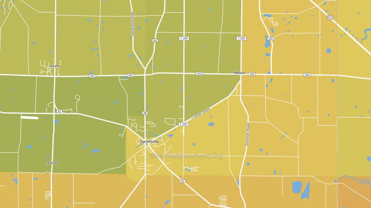 Map of the best neighborhoods in the 44231 area, with better matches in green and worse matches in red