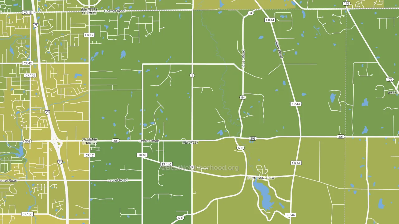 Map of the best neighborhoods in the 44233 area, with better matches in green and worse matches in red