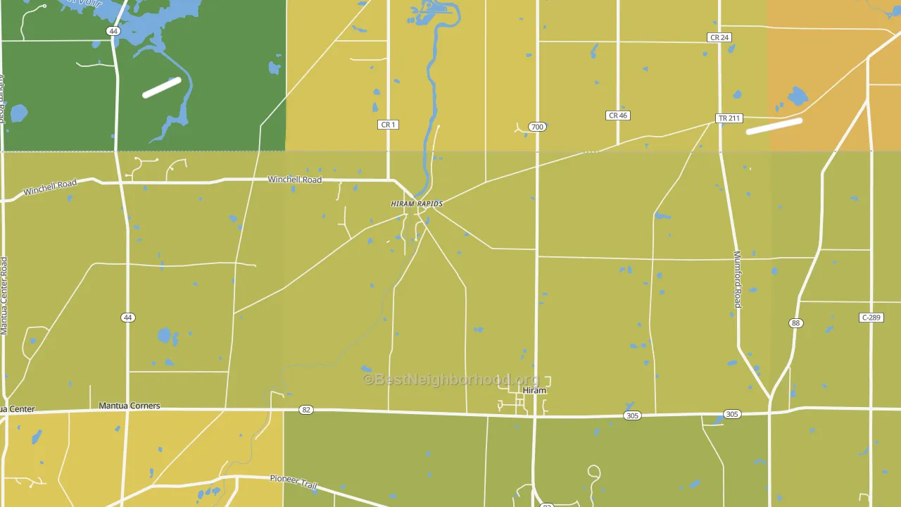 Map of the best neighborhoods in the 44234 area, with better matches in green and worse matches in red