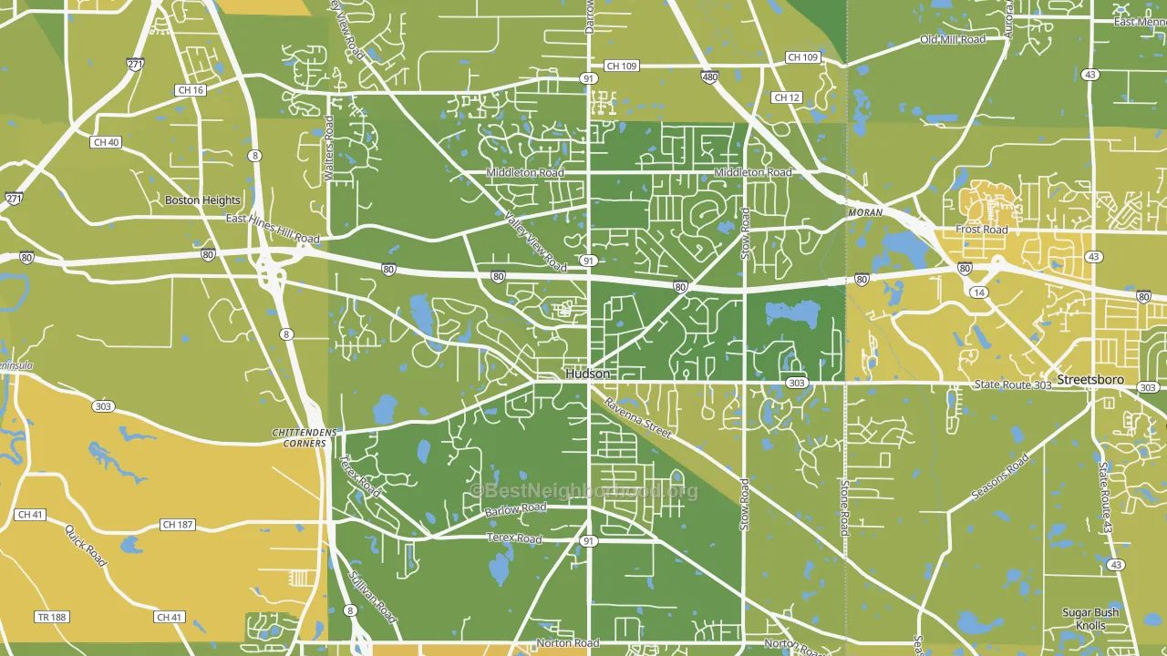 Map of the best neighborhoods in the 44236 area, with better matches in green and worse matches in red