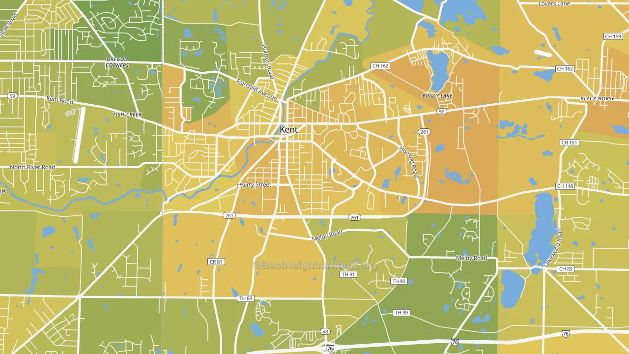 Map of the best neighborhoods in the 44240 area, with better matches in green and worse matches in red