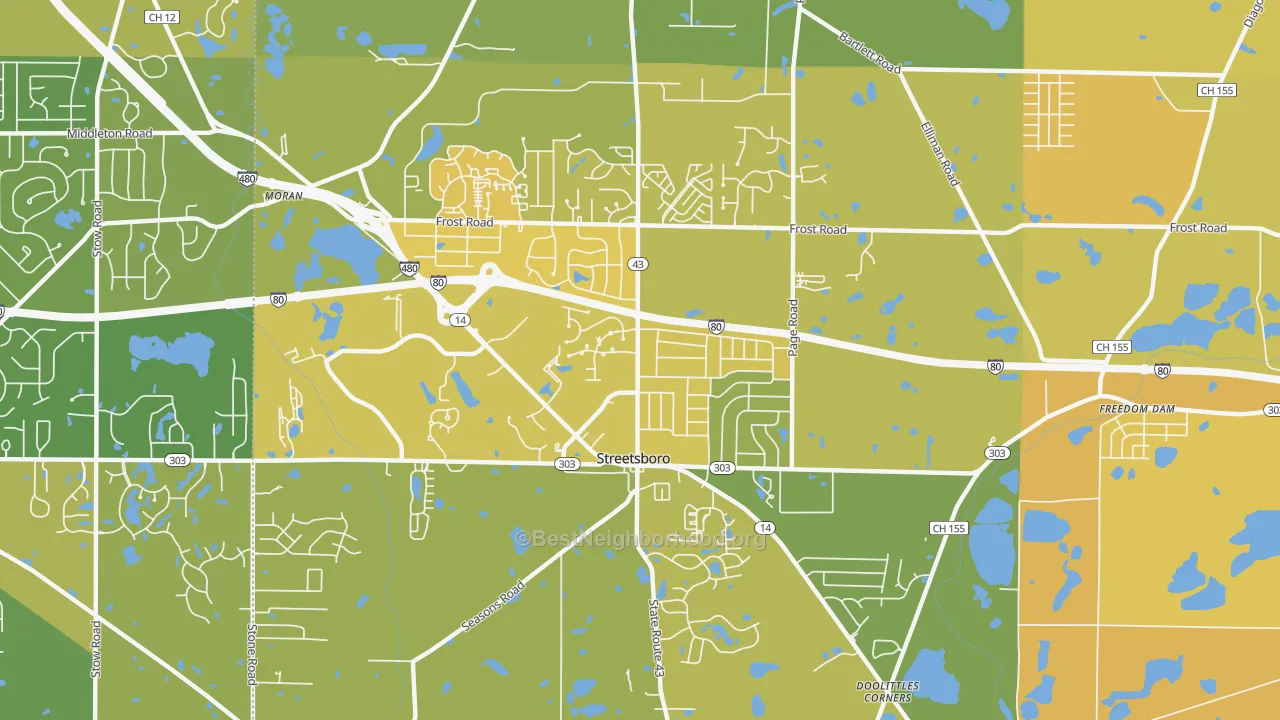 Map of the best neighborhoods in the 44241 area, with better matches in green and worse matches in red