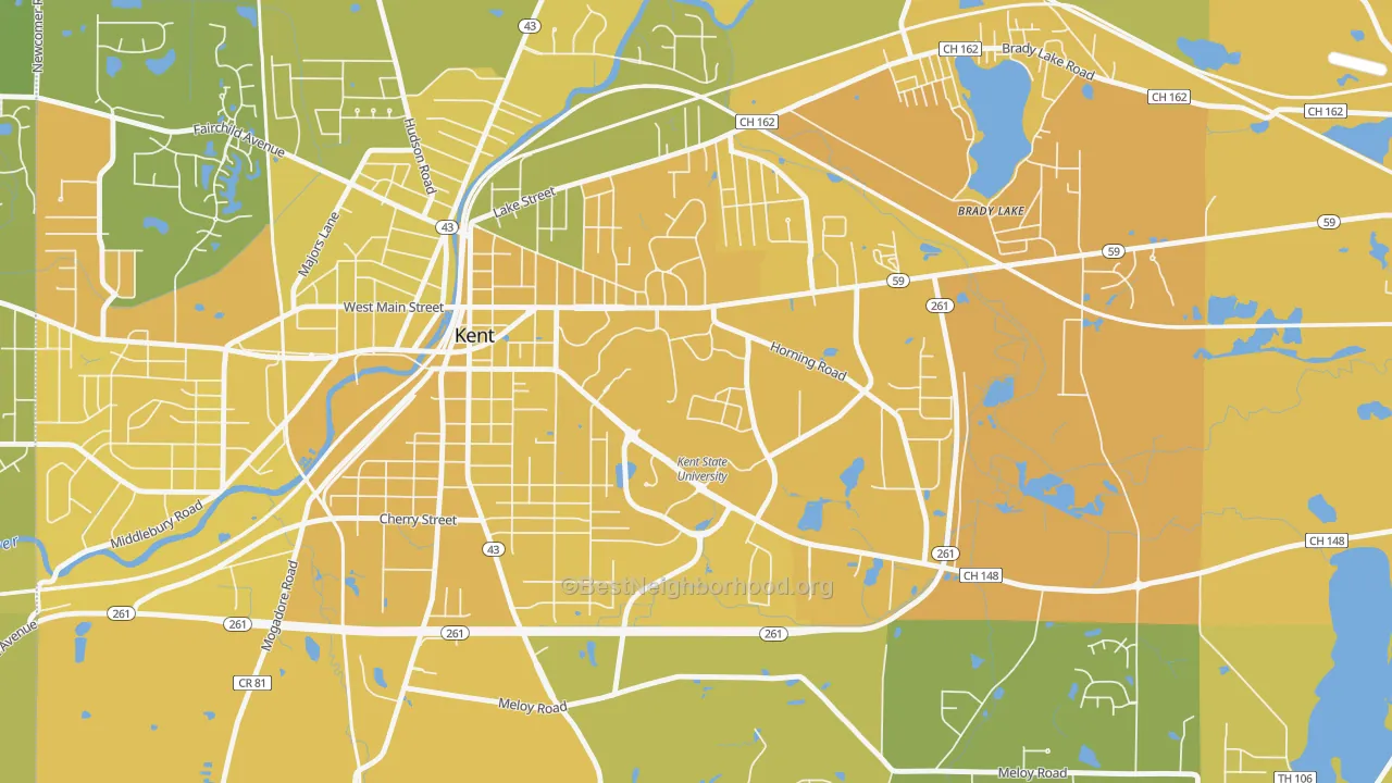 Map of the best neighborhoods in the 44243 area, with better matches in green and worse matches in red