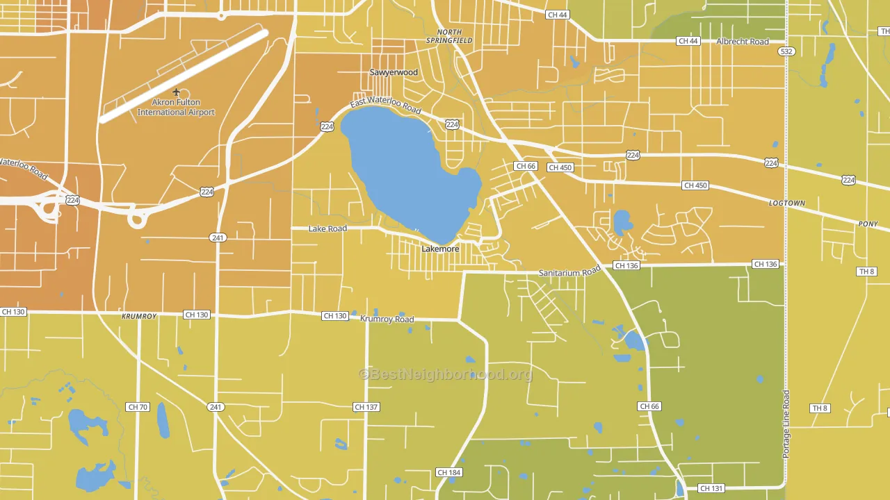 Map of the best neighborhoods in the 44250 area, with better matches in green and worse matches in red