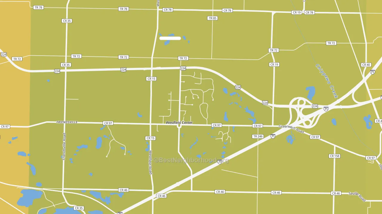 Map of the best neighborhoods in the 44251 area, with better matches in green and worse matches in red