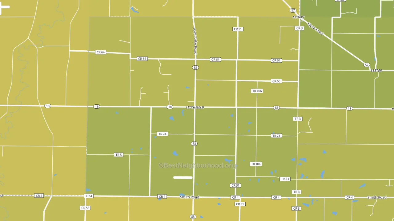 Map of the best neighborhoods in the 44253 area, with better matches in green and worse matches in red