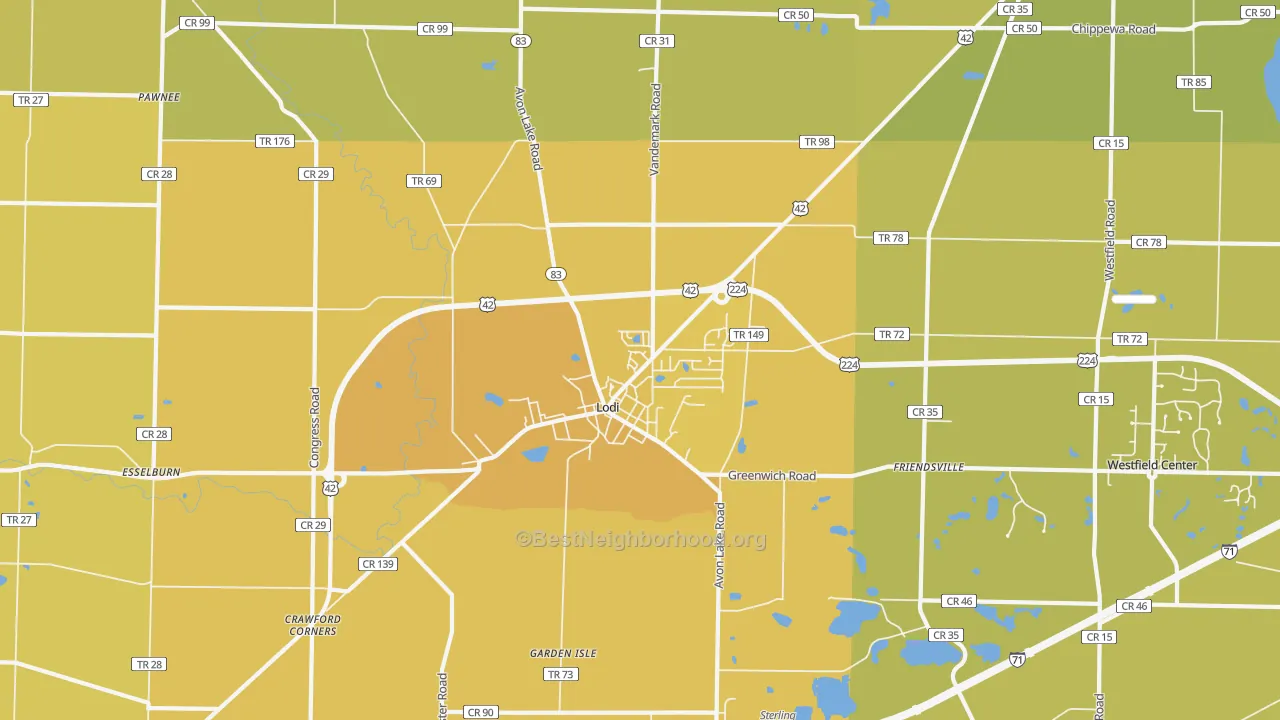 Map of the best neighborhoods in the 44254 area, with better matches in green and worse matches in red